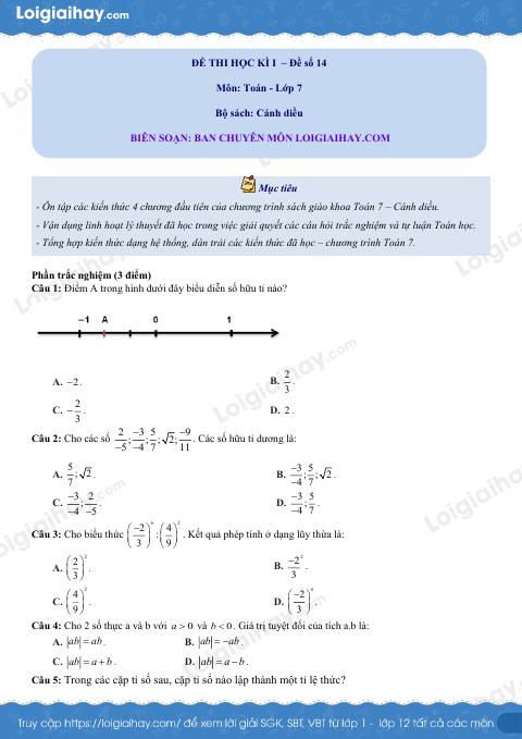 Đề thi học kì 1 Toán 7 Cánh diều - Đề số 14
